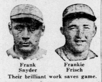 1926 newspaper image featuring New York Giants players Frank Snyder and Frankie Frisch after their game-saving defensive play stopped a Pittsburgh Pirates double steal attempt.