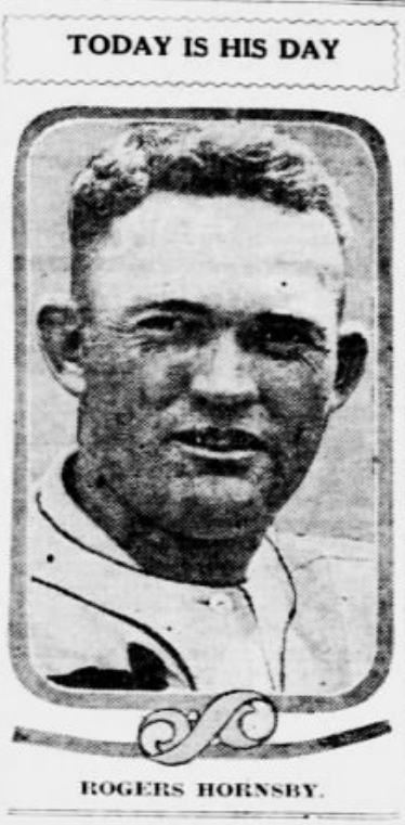 Portrait illustration of Rogers Hornsby beneath the headline “Today Is His Day” from the St. Louis Post-Dispatch during the May 22, 1926 Hornsby Day celebration in St. Louis.