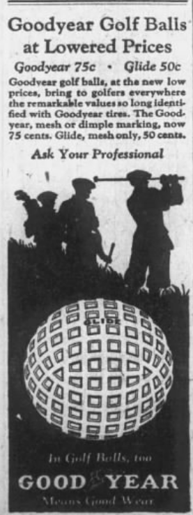 1926 Goodyear golf ball advertisement showing silhouetted golfers above a large patterned golf ball while promoting reduced prices on Goodyear and Glide golf balls.
