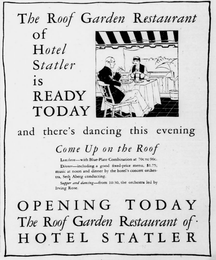 1926 Hotel Statler advertisement promoting the opening of the Roof Garden Restaurant in downtown St. Louis with rooftop dining, orchestra music, and dancing. 