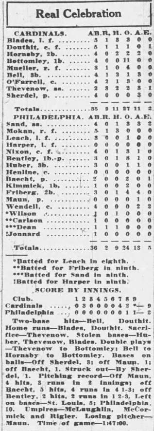 1926 St. Louis Globe-Democrat box score showing the Cardinals’ 9–2 win over the Philadelphia Phillies on May 23, 1926, including player stats, inning-by-inning scoring, and game summary notes.