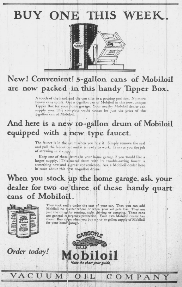 Vintage 1926 Mobiloil newspaper advertisement featuring 5-gallon oil cans, garage storage containers, and quart cans for automobiles, with the Gargoyle Mobiloil logo and Vacuum Oil Company branding.