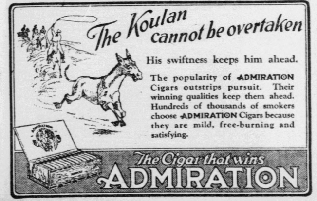 1926 newspaper advertisement for Admiration Cigars featuring a racing dog illustration and the slogan “The Koulan cannot be overtaken.”