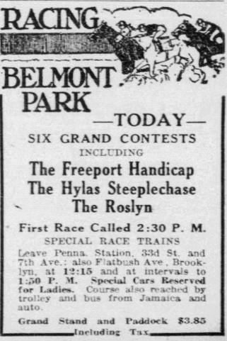 1926 Belmont Park horse racing advertisement listing six grand contests, including the Freeport Handicap and Hylas Steeplechase.