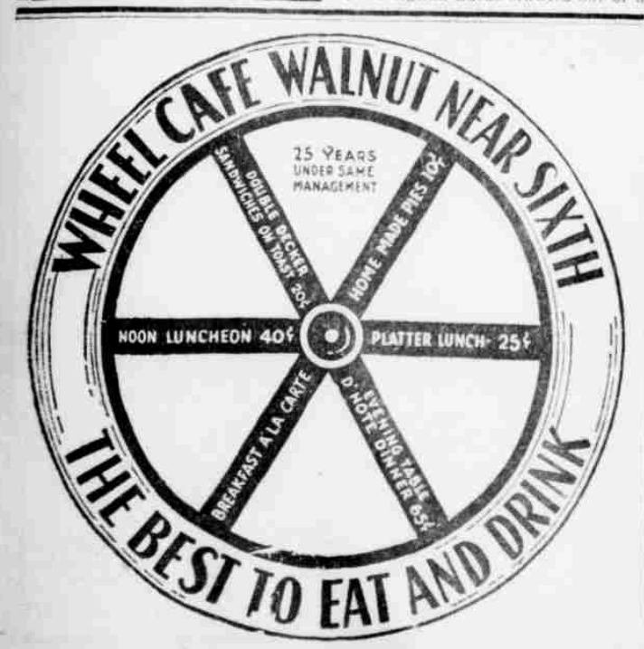 1926 White Cane restaurant advertisement from the Cincinnati Enquirer featuring a wheel design with lunch specials and pie offerings near Sixth Street.