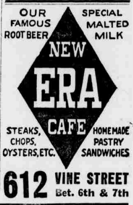 1926 Cincinnati Enquirer advertisement for the New Era Cafe at 612 Vine Street featuring root beer, malted milk, and homemade pastries.