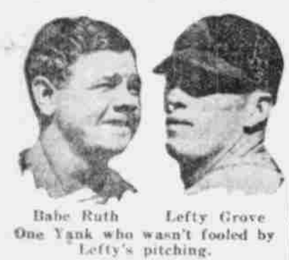 Illustration of Babe Ruth and Lefty Grove from a 1926 newspaper, highlighting Grove’s pitching performance against the Yankees.