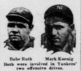 1926 newspaper portraits of Yankees stars Babe Ruth and Mark Koenig from New York Daily News coverage of the Yankees beating the Red Sox, 4–2.