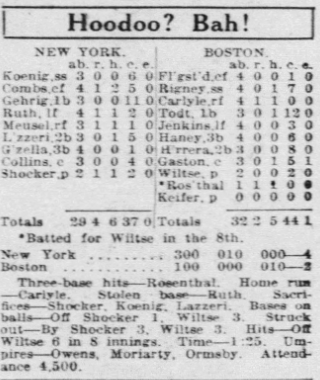 1926 New York Daily News baseball box score showing the Yankees defeating the Boston Red Sox, 4–2, during New York’s 13-game winning streak.