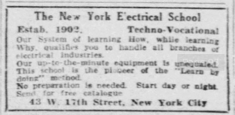 1926 newspaper advertisement for the New York Electrical School promoting vocational electrical training courses in New York City.