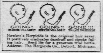1926 Herpicide hair tonic advertisement using cartoon illustrations to warn about hair loss and baldness prevention.
