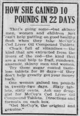 1926 newspaper ad for McCoy’s Cod Liver Oil Tablets promising healthy weight gain and improved strength in just 22 days.