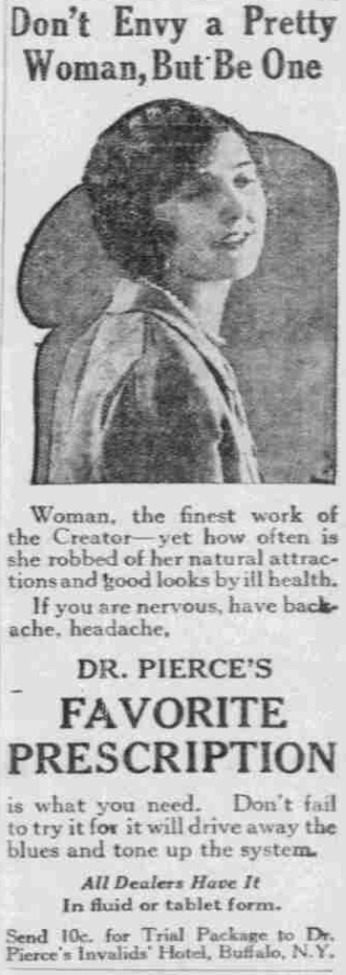 1926 newspaper advertisement for Dr. Pierce’s Favorite Prescription featuring a portrait of a woman and claims about health and beauty.