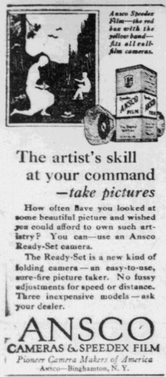 1926 Ansco Cameras advertisement promoting Ready-Set folding cameras and Speedex film with illustrated photography imagery.