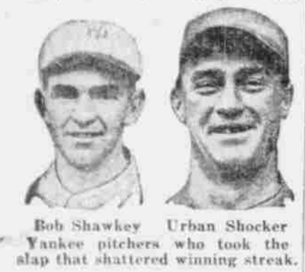 Vintage 1926 newspaper portraits of Bob Shawkey and Urban Shocker, Yankees pitchers during a loss to the Philadelphia Athletics.