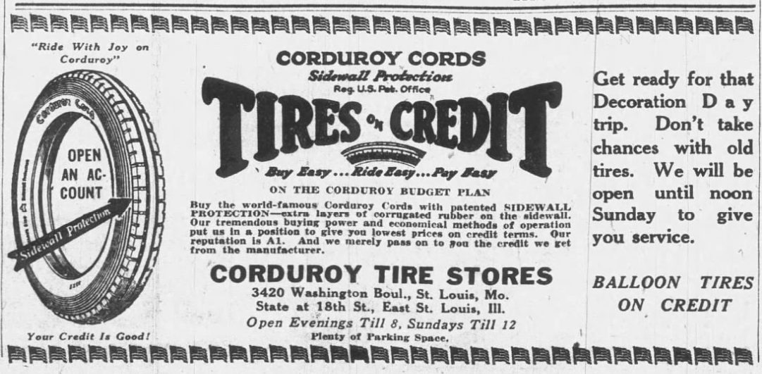 Vintage 1926 Corduroy Tire Stores ad offering tires on credit with sidewall protection, featuring a large illustrated tire and St. Louis store locations on Washington Boulevard and State Street.