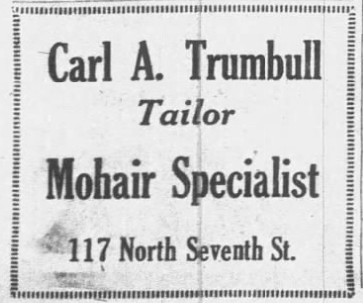 Small 1926 newspaper advertisement for Carl A. Trumbull Tailor, promoting mohair specialty tailoring services at 117 North Seventh Street in St. Louis.