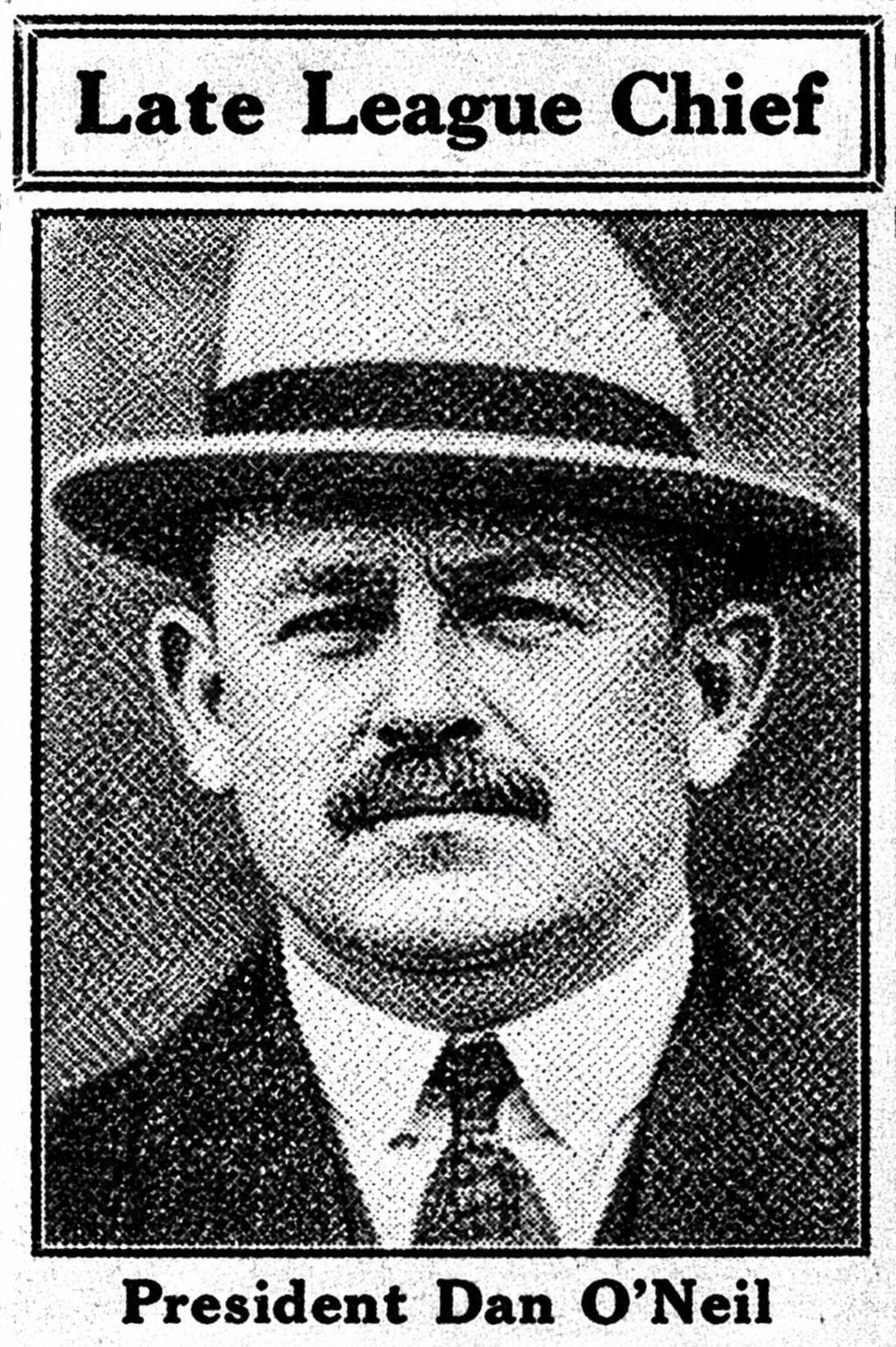 AI-generated recreation of a 1926 newspaper portrait of Eastern League president Dan O’Neil. This is not an authentic historical photograph or simple enhancement, but an interpretive AI reconstruction based on a poor-quality original scan.