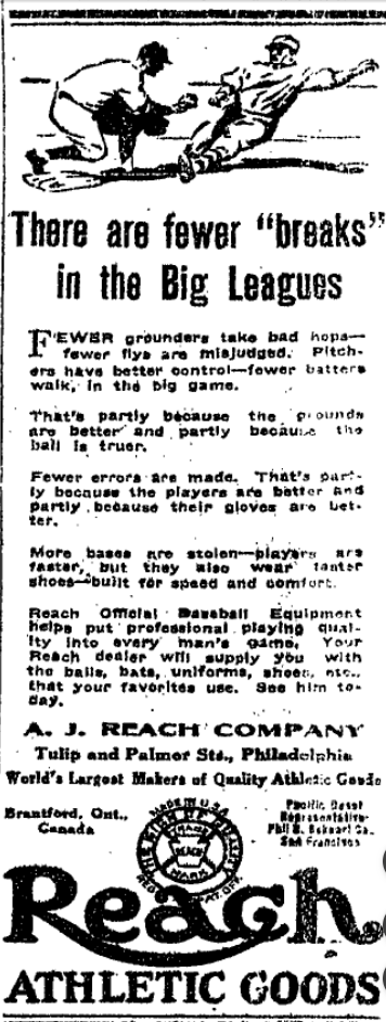 Vintage 1926 Reach Athletic Goods newspaper advertisement showing a baseball runner sliding into a base. The ad promotes Reach gloves, bats, uniforms, and baseball equipment used by major league players.