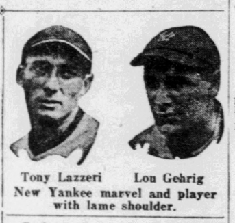 1926 newspaper portraits of Yankees stars Tony Lazzeri and Lou Gehrig during New York’s winning streak, noting Gehrig’s injured shoulder.