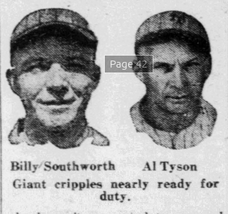 1926 newspaper portraits of New York Giants players Billy Southworth and Al Tyson as the injured outfielders neared a return to the lineup.