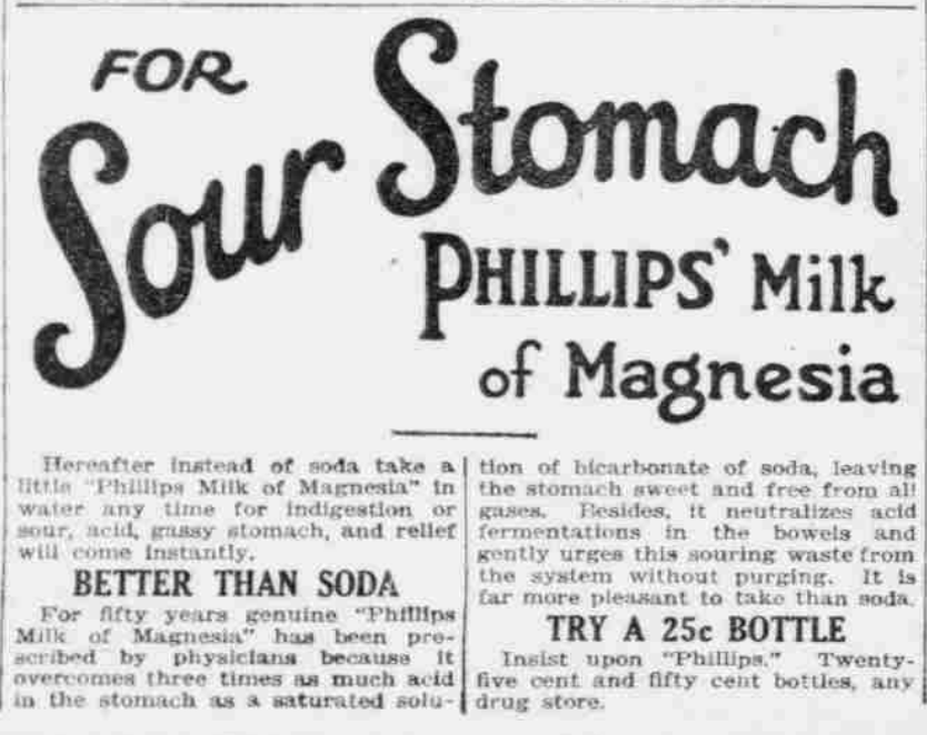 Vintage 1926 newspaper ad for Phillips’ Milk of Magnesia, featuring “For Sour Stomach” headline and claims of relief from indigestion and acid.