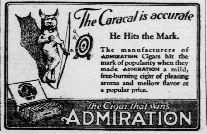 1926 newspaper advertisement for Admiration Cigars featuring “The Caracal” mascot aiming at a target beside a cigar box display.