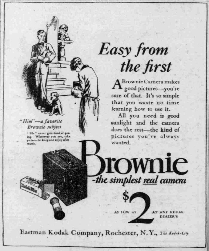 1926 Brownie camera advertisement from Eastman Kodak promoting simple home photography with cameras priced as low as two dollars.
