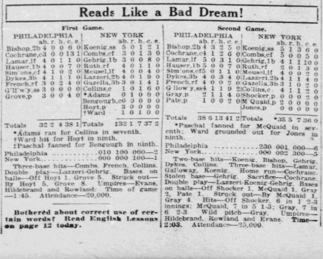 Newspaper box scores from both games of the May 28, 1926 Athletics-Yankees doubleheader, showing Philadelphia victories of 2–1 and 6–5 that ended New York's winning streak.