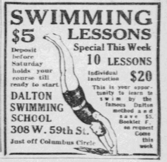 1926 newspaper advertisement for Dalton Swimming School offering ten swimming lessons for $20 at its West 59th Street location in New York City.