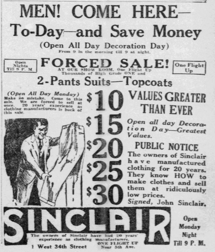 1926 Sinclair clothing advertisement promoting discounted men's suits and topcoats priced from $10 to $30 during a Memorial Day sale.