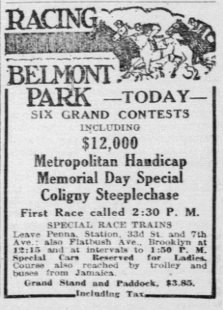 Belmont Park advertisement promoting a Memorial Day racing program featuring the Metropolitan Handicap and special train service to the track.