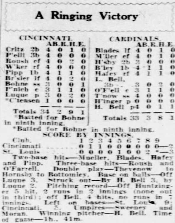1926 newspaper box score showing St. Louis Cardinals defeating the Cincinnati Reds 3–2, including player statistics, inning-by-inning scoring, and notes highlighting Herman Bell as the winning pitcher.
