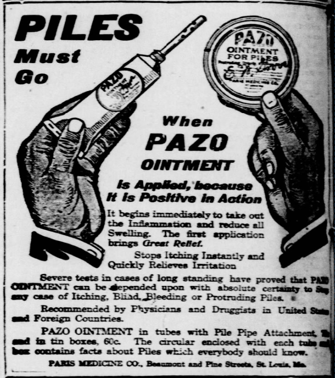 1926 newspaper ad for PAZO Ointment showing hands holding a tube and tin, claiming instant relief from itching, swelling, and hemorrhoid pain.