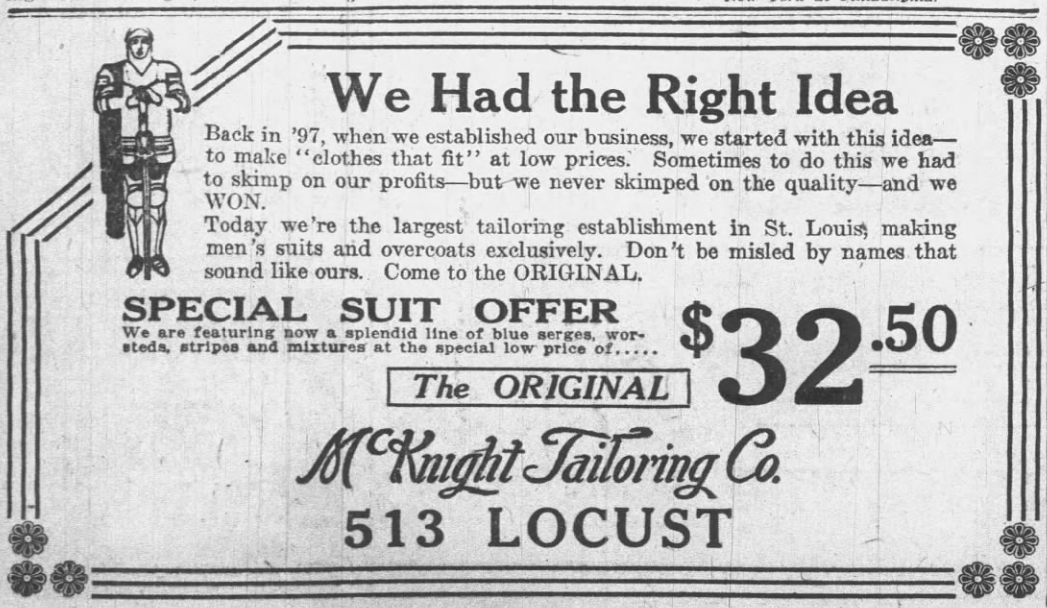 1926 newspaper ad for M.C. Knight Tailoring Co. in St. Louis offering men’s suits for $32.50, emphasizing quality tailoring and low prices.
