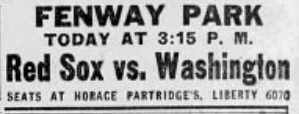 1926 newspaper ad for Fenway Park game: Boston Red Sox vs. Washington at 3:15 p.m., with ticket location details listed.