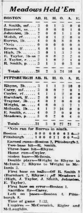 1926 Pittsburgh Post box score showing the Pirates’ 3-2 win over the Boston Braves, featuring Hazen Cuyler’s home run and Stuffy Meadows’ complete-game victory.