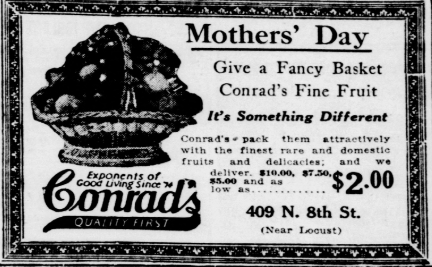 1926 newspaper ad for Conrad’s fruit baskets promoting Mother’s Day gifts with the slogan “It’s Something Different.”