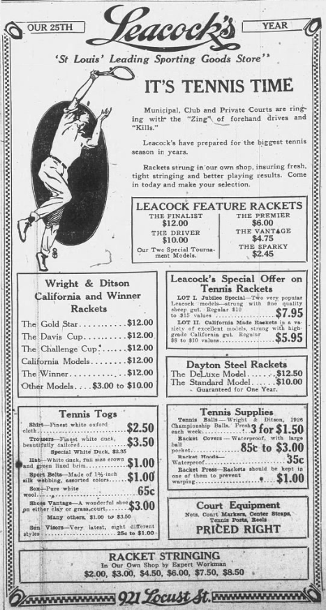 1926 Leacock’s Sporting Goods newspaper ad promoting tennis rackets, apparel, court equipment, and racket stringing services in St. Louis.
