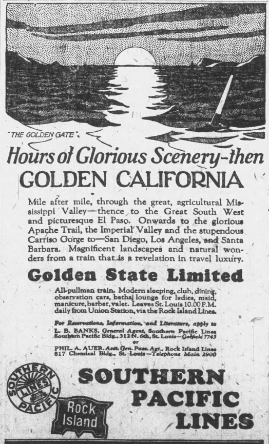 1926 Southern Pacific Lines newspaper ad promoting the Golden State Limited luxury train route from St. Louis to California with illustrated sunset artwork and travel details.