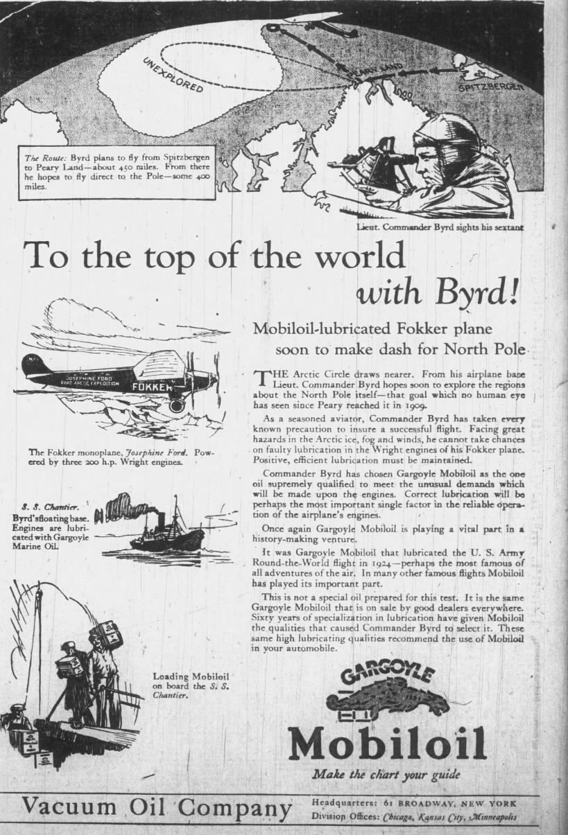 Vintage 1926 newspaper ad showing explorer Richard Byrd’s Arctic flight route and a Fokker plane, promoting Gargoyle Mobiloil lubrication for aviation and automobiles.
