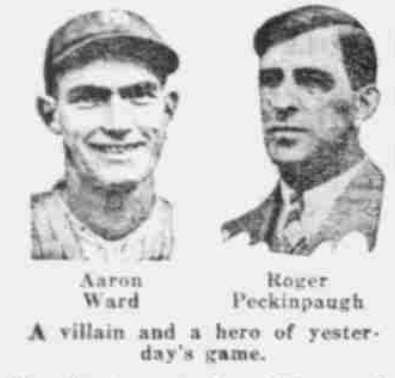 1926 newspaper portraits of Yankees infielder Aaron Ward and Senators shortstop Roger Peckinpaugh following Washington’s 5–3 win over New York.