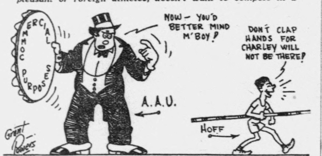 1926 newspaper cartoon criticizing the Amateur Athletic Union, showing athlete Charley Hoff walking away while an official warns the crowd not to clap.