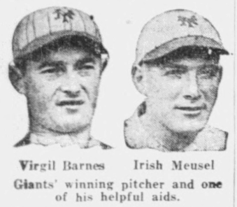 1926 newspaper portraits of New York Giants players Virgil Barnes and Irish Meusel following a 2–1 victory over the Chicago Cubs.