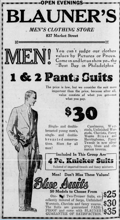 1926 Blauner’s clothing advertisement from Philadelphia featuring men’s suits priced at $25 to $35, including one- and two-pants business suits and imported tweed knickers.