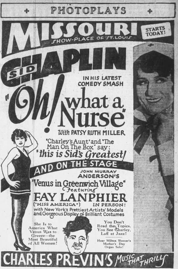 1926 Missouri Theatre newspaper advertisement featuring Sid Chaplin in the comedy film Oh! What a Nurse with live stage acts and performer Fay Lanphier in St. Louis.