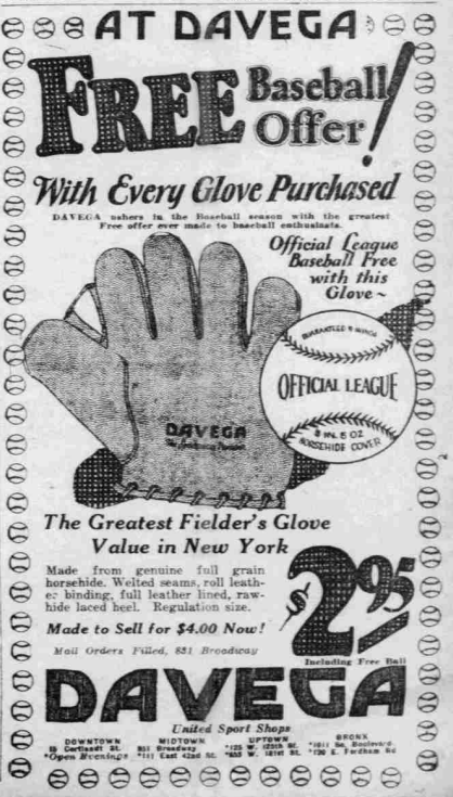 1926 Davega sporting goods ad promoting a leather fielder’s glove for $2.95 and a free official league baseball with every glove purchase.