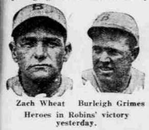 Portraits of Zack Wheat and Burleigh Grimes from a 1926 newspaper feature celebrating Brooklyn’s 7–1 win over St. Louis.