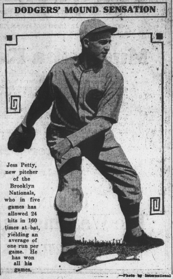 1926 newspaper photo of Brooklyn Dodgers pitcher Jess Petty during his early-season winning streak with the Robins.