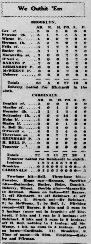 1926 St. Louis Post-Dispatch box score showing Brooklyn Dodgers defeating the St. Louis Cardinals 5–3 behind Floyd Herman’s home run at Sportsman’s Park.